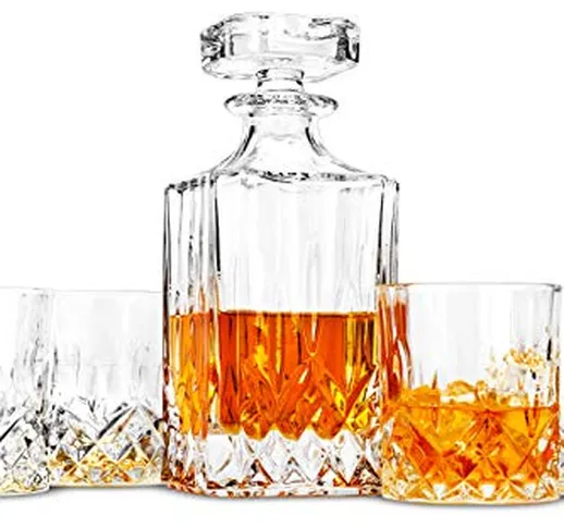 LANFULA 5 Pezzi Bottiglia e Bicchieri Whisky Cristallo, 750 ml Decanter con 4 x 300 ml Bic...