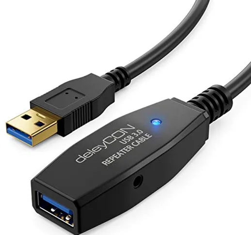 deleyCON 10m Cavo Attivo USB 3.0 Prolunga Attiva con 2 Amplificatore di Segnale USB3.0 Rip...