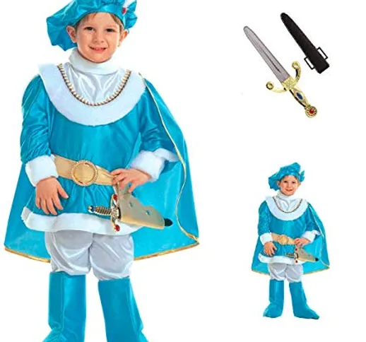 VESTITO CARNEVALE + ACCESSORI PRINCIPE AZZURRO COSTUME PUGNALE CON GEMME E FODERO 3/4 ANNI...