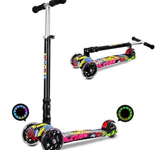 IMMEK Pieghevole Monopattino Graffiti per Bambini da 3 a 12 Anni, Ruote Luminose a LED,Reg...