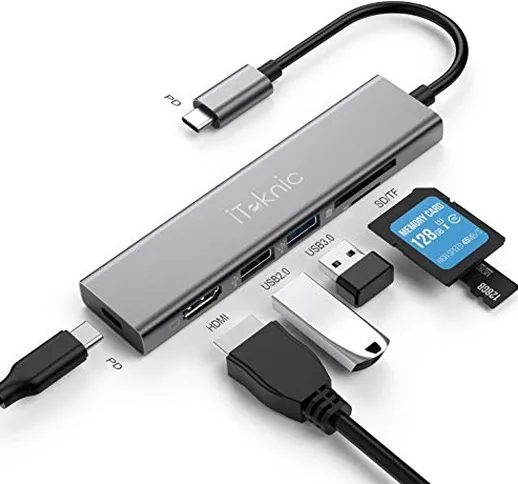 iTeknic - Hub USB C 6 in 1 con 2 porte USB, porta HDMI 4K HD, porta lettore SD & TF e port...
