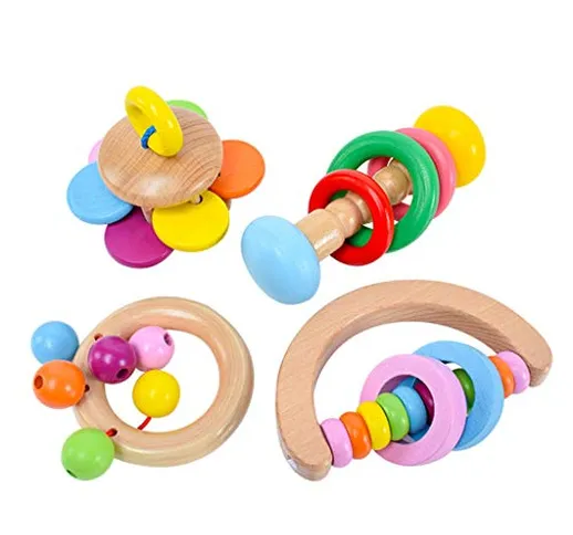 niumanery 4Pcs Montessori Wooden Rattles Hold Rattle Hand Bell Gift Baby Toys Toddler Infa...