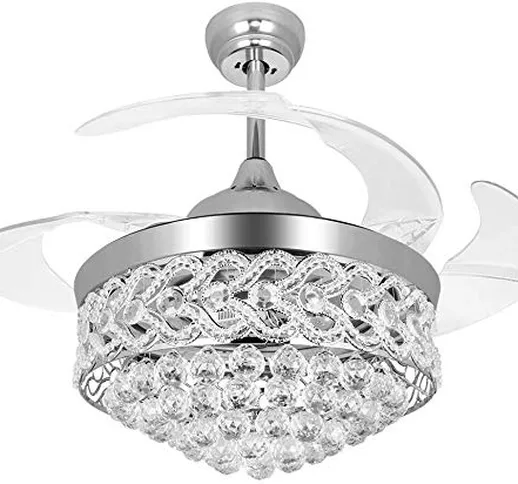 Moerun 42" Cristallo Ventilatore a soffitto con luce moderna Lampadario in argento 4 pale...