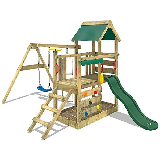 WICKEY Parco giochi in legno TurboFlyer Giochi da giardino con altalena e scivolo verde, T...