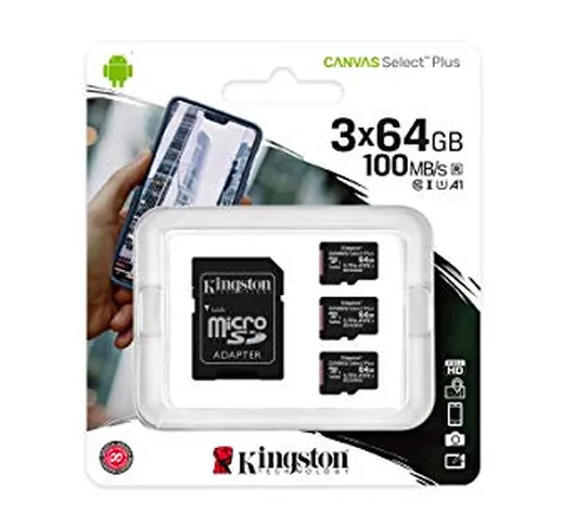 Kingston Canvas Select Plus SDCS2/64GB-3P1A Scheda microSD Classe 10, Multipack con 3 Sche...
