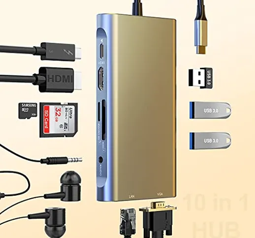Hub USB C, Adattatore Hub 10 in 1 Tipo C, Docking Station USB C con Gigabit Ethernet, 4K H...