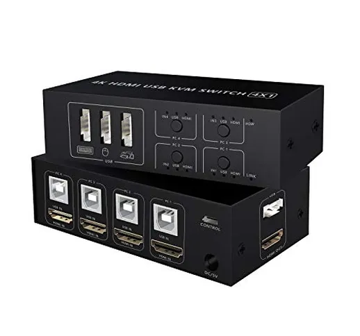 KVM Switch HDMI 4 porte, 4K @60Hz Switch box KVM USB 4 In 1 Out per 4 condivisioni PC Tast...