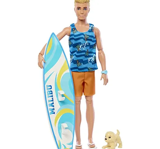 Barbie - Set Ken biondo con tavola da surf e cagnolino, include una bambola con costume sp...
