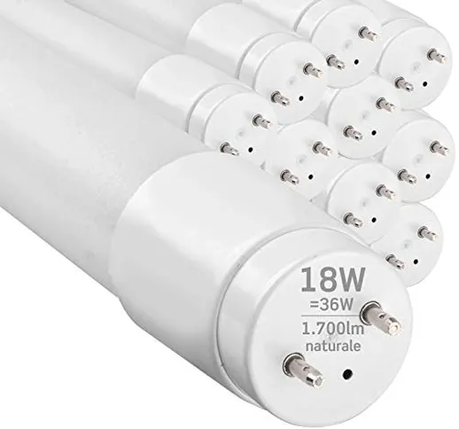 10x Tubi LED 120cm G13 T8 18W 1700 lumen Luce Bianco Naturale 4000K - Fascio Luminoso 160°...