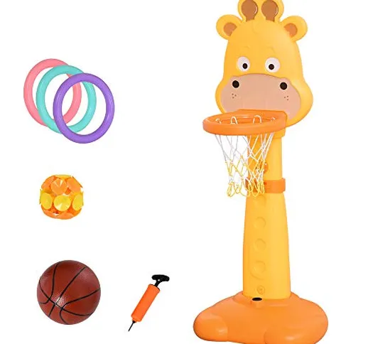 homcom Set Canestro Basket Forma a Giraffa per Bambini con Bersaglio, Anelli e Accessori,...