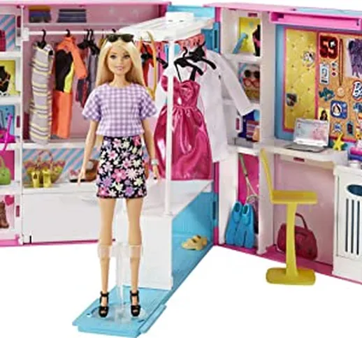 Barbie L'Armadio Dei Sogni - Con Bambola Barbie Bionda - Specchiera - Oltre 25 Vestiti e A...
