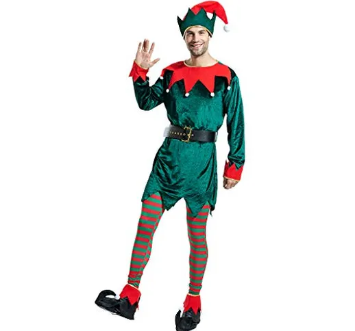 EraSpooky Costume da Elfo Natalizio da Uomo Cappello Fantasia Calza Copriscarpe Cintura Di...