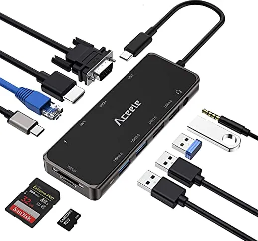 HUB USB C, Aceele 11-in-1 Adattatore USB-C con 4k HDMI e 1080P VGA, 4 Porte USB A, RJ45 gi...