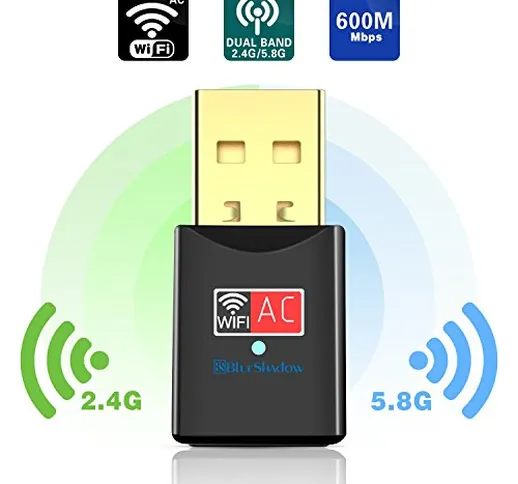 Blueshadow Adattatore WiFi USB 600 Mbps Dual Band 2.4G / 5G Adattatore Wi-Fi Mini Rete Wi-...