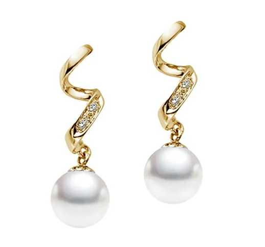 14 K giallo oro qualità AAA giapponesi Akoya perla coltivata orecchini pendenti di diamant...
