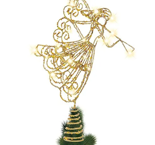 Valery Madelyn Puntale Albero Natale 38 cm Pre-Illuminato Elegante Angelo in Metallo Bianc...