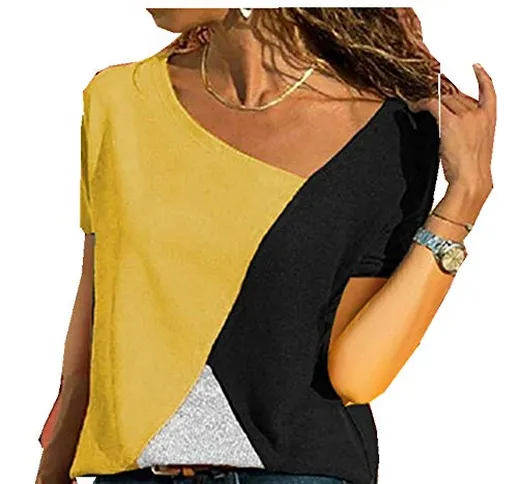 NOBRAND New Patchwork Color Contrast Round Neck Manica Corta Casual T-Shirt Donna Top Nero...