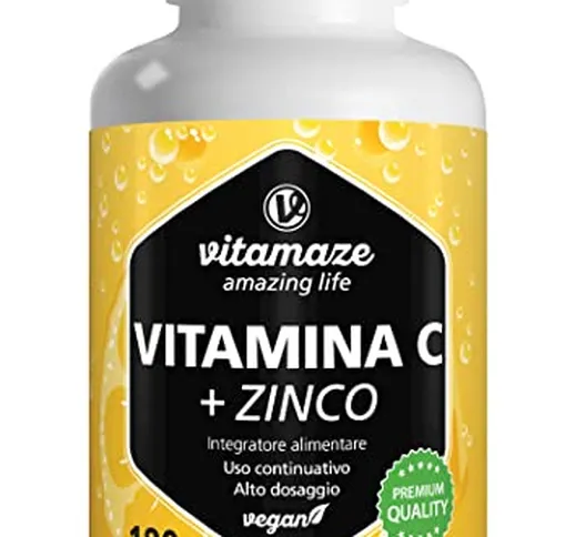 Vitamina C Pura 1000 mg Alto Dosaggio + Zinco, Per 6 Mesi, 180 Compresse Vegan de Vitamin...