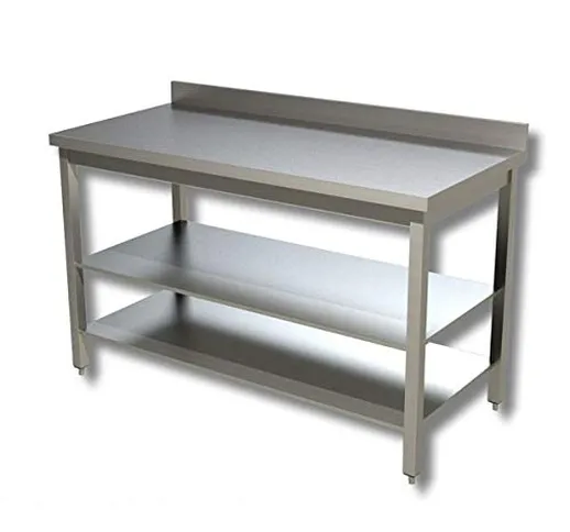 Tavolo inox con 2 ripiani di fondo, con alzatina posteriore. Prof. 70-160x70x85H, SENZA ru...