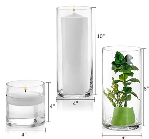 Set di 3 vasi cilindrici in vetro da 4, 8, 25,4 cm di altezza – Multiuso: candela a colonn...