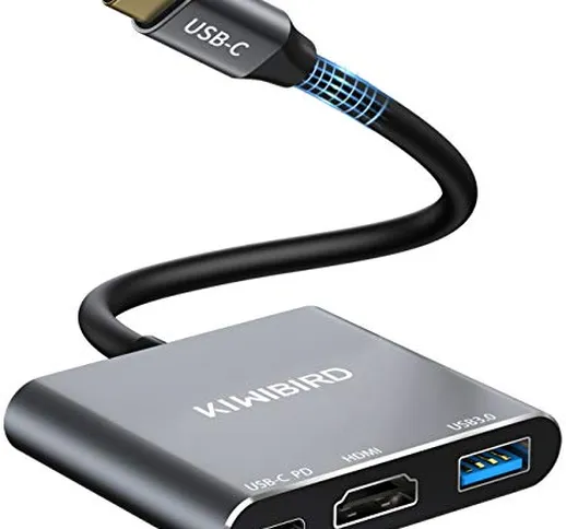 KiwiBird Adattatore multiporta HUB da USB-C a HDMI 4K con USB 3.0, Tipo C PD Ricarica 87W...