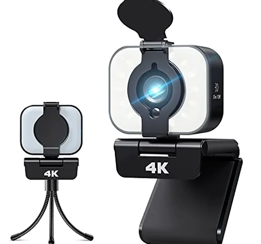 4K Webcam per PC con Microfono, Yoroshi HD Videocamera con Luce ad Anello e Privacy Cover,...