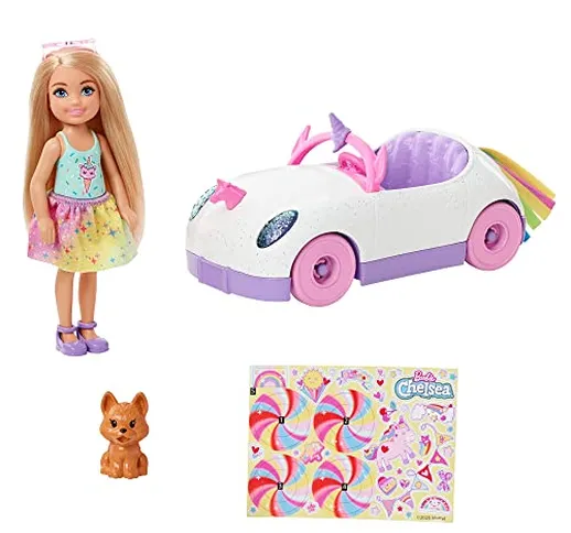Barbie - Bambola Chelsea Bionda con Auto Decappottabile a Tema Unicorno, Cucciolo e Access...