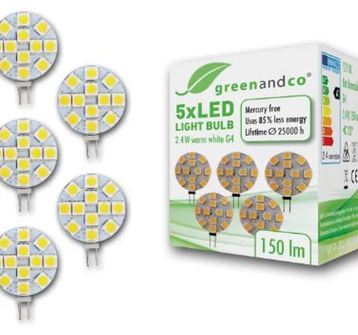 5 lampadine a LED greenandco® G4 / 2,4W / 150 lumen / 3000K (bianco caldo) / 12 x 5050 SMD...