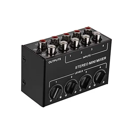 JJmooer Mini mixer audio stereo con ingressi RCA a 4 canali Controlli di volume separati G...