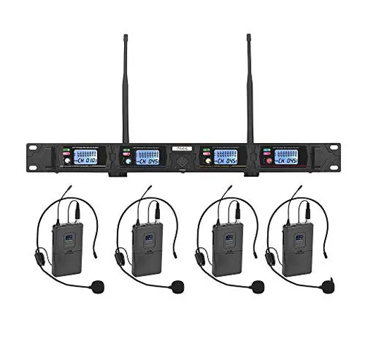 Muslady Sistema Microfono Professionale 4 Canali UHF Senza Fili include 4 Microfoni Headse...