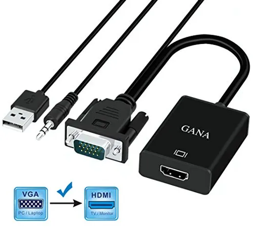 Adattatore VGA a HDMI, GANA 1080P HD Supportato da VGA a HDMI Convertitore Adattatore Cavo...