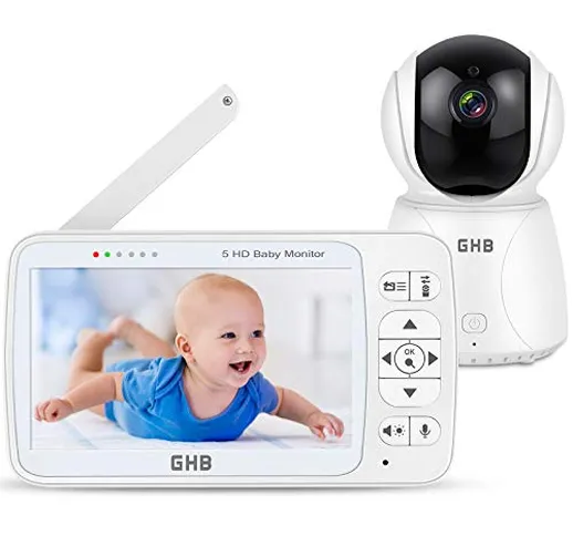 GHB Baby Monitor 5' 720P Videocamera Babyphone con IPS Schermo,120°/350°, Audio Bidirezion...