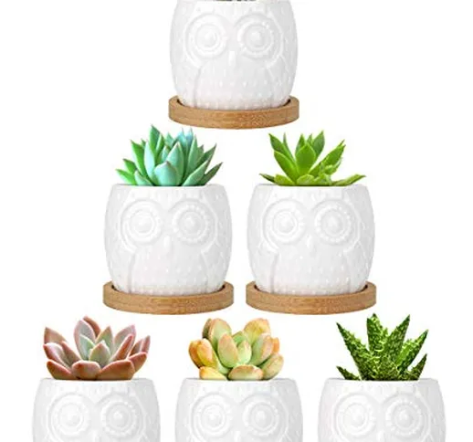 Luxspire Set di 6 Vasi per Succulenti, Mini Vaso da Fiori in Ceramica Bianca Forma di Gufo...