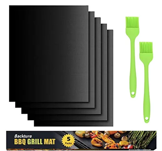 BACKTURE Tappetini per Barbecue, 5pcs BBQ Griglia Tappetini 40x33cm Resistente al Calore A...