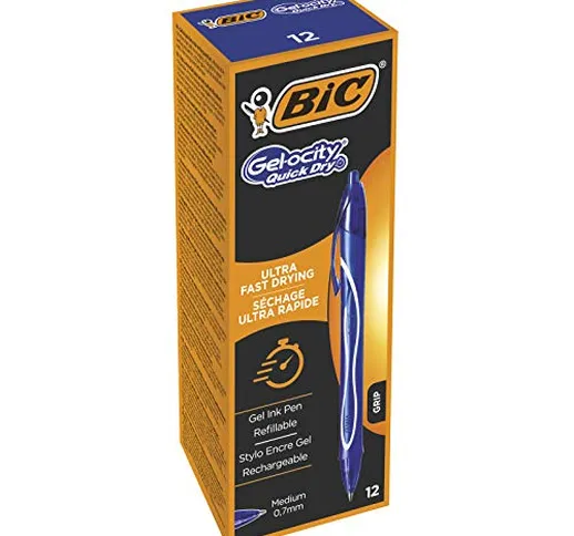 BIC Gel-ocity Quick Dry PenneGel, Punta Media (0.7 mm), Blu, Scatola da 12, Inchiostro Sco...