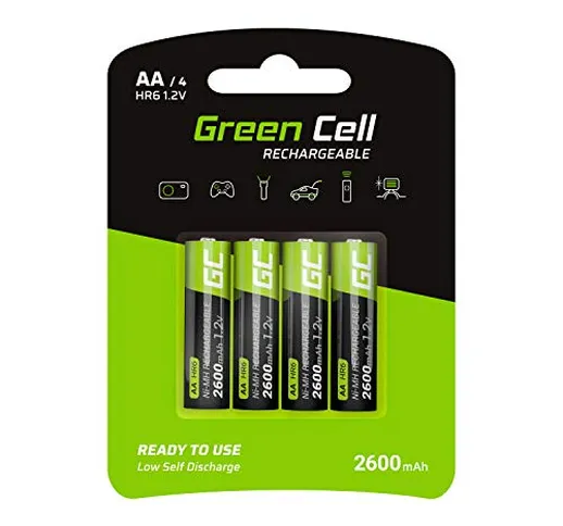 Green Cell 2600mAh 1.2V confezione da 4 Pile Ricaricabili Stilo AA precaricate NiMH alta c...