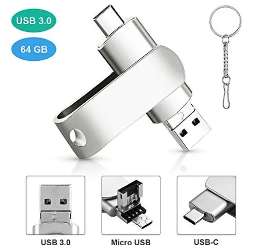Chiavetta USB 64 GB 3 in 1 Pendrive USB 3.0 Type C/Tipo C/Micro USB/USB in Metallo Pennett...