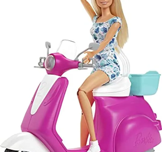 Barbie- Bambola Bionda con Scooter Rosa e Bianco Giocattolo per Bambini 3+ Anni, Colore, G...