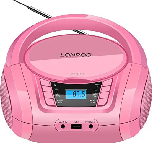 Portatili Boombox, LONPOO Lettore CD Bambini Stereo Audio con Bluetooth, Radio FM, USB, AU...