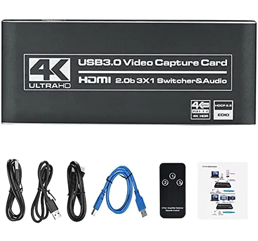 KKTECT Scheda di Cattura del Gioco HD 1080p USB3.0 HDMI 4K 60fps Plug-N-Play con Mic-in, 3...
