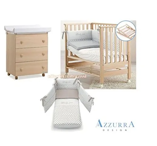 Lettino Azzurra Design Contact Naturale + Set tessile Tortora + Bagnetto/Fasciatoio Tre ca...