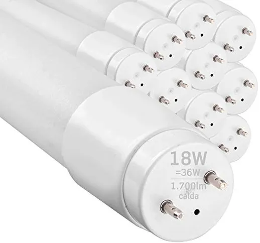 10x Tubi LED 120cm G13 T8 18W 1700 lumen - Luce Bianco Caldo 3000K - Fascio Luminoso 160°...