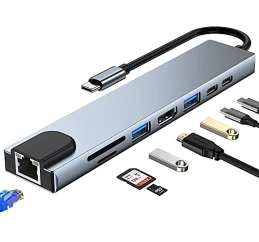 Wowssyo Hub USB C Ethernet -9 in 1, Alluminio Adattatore USB C Hub con HDMI 4K,PD 100 W, U...