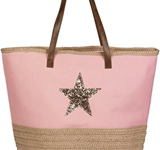 styleBREAKER borsone da spiaggia con stella, paillettes e rafia, borsa scolastica, borsa p...