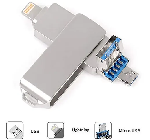 Memoria USB per iPhone - 64GB Pen Drive Micro USB - 3 IN 1 Chiavetta USB 3.0 iOS Flash Dri...