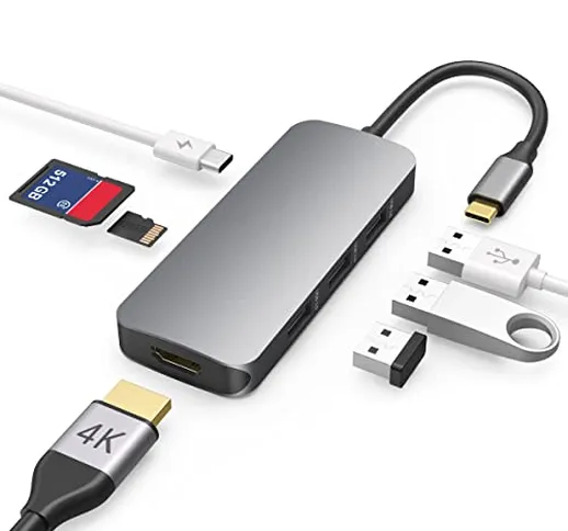 Adattatore USB C Hub 7 en 1,Hub USB 3.0 Alimentato,100W PD,3 Porta USB 3.0,SD/TF,Porta di...