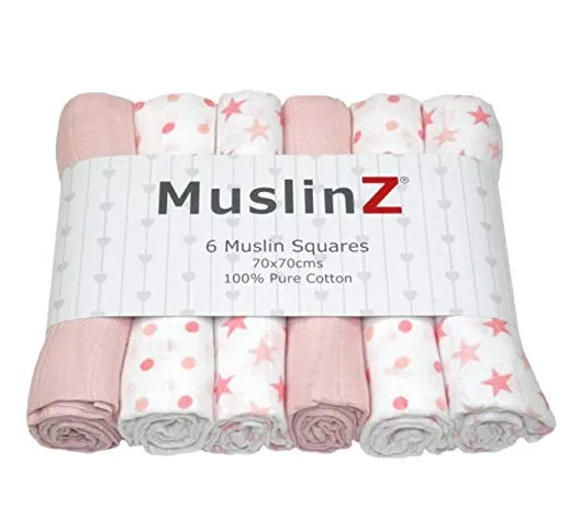 MuslinZ - 6 panni quadrati in mussola, 100% puro cotone morbido, 70 x 70 cm