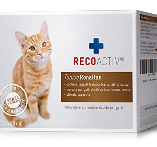 RECOACTIV Tonico Renaltan per gatti, 3 x 90 ml, integratore alimentare con chelante di fos...
