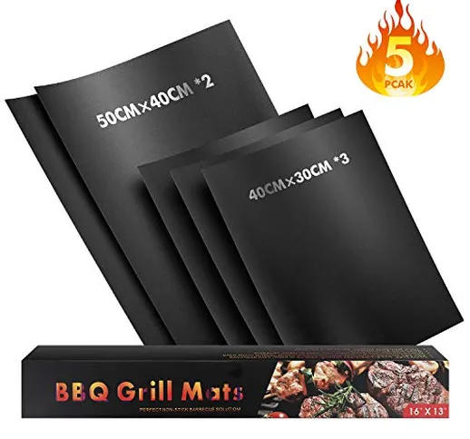 WayEee BBQ Griglia Tappetini Set di 5 Mat Cottura BBQ in Teflon 50×40cm(2) Tappetino da Ba...