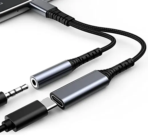 Adattatore usb c jack 3.5mm, 2 in 1 Adapter Aux Audio e Caricabatterie Vompatibile con Var...